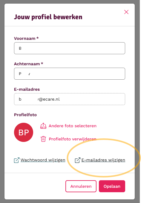 pvj eige naccount mail adres aanpassen